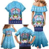 Guam Chamorro Family Matching Mermaid Dress and Hawaiian Shirt Tribal Latte Stone With Dolphins Blue