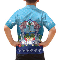 Guam Chamorro Family Matching Off The Shoulder Long Sleeve Dress and Hawaiian Shirt Tribal Latte Stone With Dolphins Blue LT05 - Polynesian Pride
