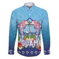 Guam Chamorro Family Matching Off Shoulder Maxi Dress and Hawaiian Shirt Tribal Latte Stone With Dolphins Blue