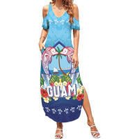 Guam Chamorro Family Matching Summer Maxi Dress and Hawaiian Shirt Tribal Latte Stone With Dolphins Blue