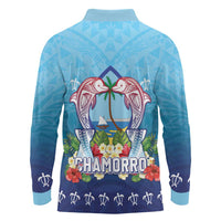Guam Chamorro Long Sleeve Polo Shirt Tribal Latte Stone With Dolphins Blue