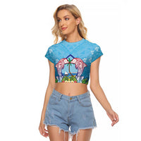 Guam Chamorro Raglan Cropped T Shirt Tribal Latte Stone With Dolphins Blue