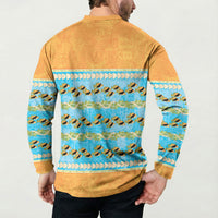 Hawaii Humuhumu Fish Maile Pikake Lei Button Sweatshirt Tribal Tapa Orange Version