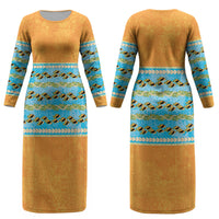 Hawaii Humuhumu Fish Maile Pikake Lei Couples Matching Long Sleeve Bodycon Dress and Long Sleeve Button Shirt Tribal Tapa Orange Version