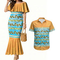 Hawaii Humuhumu Fish Maile Pikake Lei Couples Matching Mermaid Dress and Hawaiian Shirt Tribal Tapa Orange Version