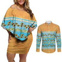 Hawaii Humuhumu Fish Maile Pikake Lei Couples Matching Off Shoulder Short Dress and Long Sleeve Button Shirt Tribal Tapa Orange Version