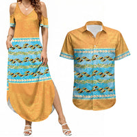 Hawaii Humuhumu Fish Maile Pikake Lei Couples Matching Summer Maxi Dress and Hawaiian Shirt Tribal Tapa Orange Version