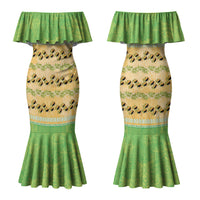 Hawaii Humuhumu Fish Maile Pikake Lei Couples Matching Mermaid Dress and Hawaiian Shirt Tribal Tapa Green Version
