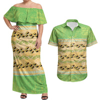 Hawaii Humuhumu Fish Maile Pikake Lei Couples Matching Off Shoulder Maxi Dress and Hawaiian Shirt Tribal Tapa Green Version
