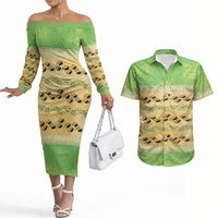 Hawaii Humuhumu Fish Maile Pikake Lei Couples Matching Off The Shoulder Long Sleeve Dress and Hawaiian Shirt Tribal Tapa Green Version
