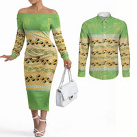 Hawaii Humuhumu Fish Maile Pikake Lei Couples Matching Off The Shoulder Long Sleeve Dress and Long Sleeve Button Shirt Tribal Tapa Green Version