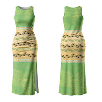 Hawaii Humuhumu Fish Maile Pikake Lei Couples Matching Tank Maxi Dress and Long Sleeve Button Shirt Tribal Tapa Green Version