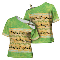 Hawaii Humuhumu Fish Maile Pikake Lei Cross Shoulder Shirt Tribal Tapa Green Version