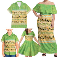 Hawaii Humuhumu Fish Maile Pikake Lei Family Matching Off Shoulder Maxi Dress and Hawaiian Shirt Tribal Tapa Green Version