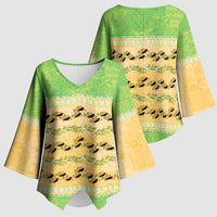 Hawaii Humuhumu Fish Maile Pikake Lei Kimono Sleeve Blouse Tribal Tapa Green Version