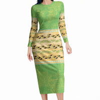 Hawaii Humuhumu Fish Maile Pikake Lei Long Sleeve Bodycon Dress Tribal Tapa Green Version