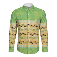 Hawaii Humuhumu Fish Maile Pikake Lei Long Sleeve Button Shirt Tribal Tapa Green Version