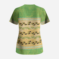 Hawaii Humuhumu Fish Maile Pikake Lei Scrub Top Tribal Tapa Green Version