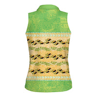 Hawaii Humuhumu Fish Maile Pikake Lei Women Sleeveless Polo Shirt Tribal Tapa Green Version