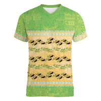 Hawaii Humuhumu Fish Maile Pikake Lei Women V-Neck T-Shirt Tribal Tapa Green Version