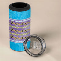 Hawaii Humuhumu Fish Maile Pikake Lei 4 in 1 Can Cooler Tumbler Tribal Tapa Blue Version