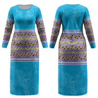Hawaii Humuhumu Fish Maile Pikake Lei Couples Matching Long Sleeve Bodycon Dress and Hawaiian Shirt Tribal Tapa Blue Version