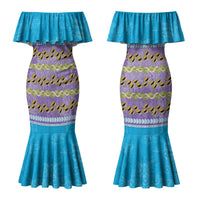 Hawaii Humuhumu Fish Maile Pikake Lei Couples Matching Mermaid Dress and Hawaiian Shirt Tribal Tapa Blue Version