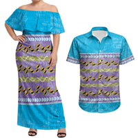Hawaii Humuhumu Fish Maile Pikake Lei Couples Matching Off Shoulder Maxi Dress and Hawaiian Shirt Tribal Tapa Blue Version