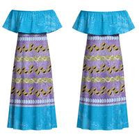 Hawaii Humuhumu Fish Maile Pikake Lei Couples Matching Off Shoulder Maxi Dress and Hawaiian Shirt Tribal Tapa Blue Version