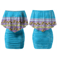 Hawaii Humuhumu Fish Maile Pikake Lei Couples Matching Off Shoulder Short Dress and Hawaiian Shirt Tribal Tapa Blue Version