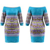 Hawaii Humuhumu Fish Maile Pikake Lei Couples Matching Off The Shoulder Long Sleeve Dress and Long Sleeve Button Shirt Tribal Tapa Blue Version
