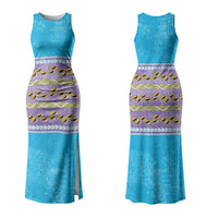 Hawaii Humuhumu Fish Maile Pikake Lei Couples Matching Tank Maxi Dress and Hawaiian Shirt Tribal Tapa Blue Version
