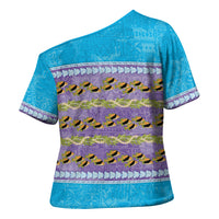 Hawaii Humuhumu Fish Maile Pikake Lei Cross Shoulder Shirt Tribal Tapa Blue Version