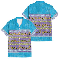 Hawaii Humuhumu Fish Maile Pikake Lei Family Matching Off Shoulder Maxi Dress and Hawaiian Shirt Tribal Tapa Blue Version