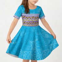 Hawaii Humuhumu Fish Maile Pikake Lei Kid Short Sleeve Dress Tribal Tapa Blue Version