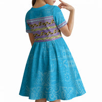 Hawaii Humuhumu Fish Maile Pikake Lei Kid Short Sleeve Dress Tribal Tapa Blue Version