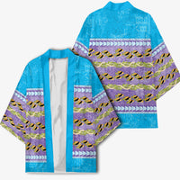 Hawaii Humuhumu Fish Maile Pikake Lei Kimono Tribal Tapa Blue Version