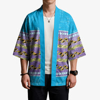 Hawaii Humuhumu Fish Maile Pikake Lei Kimono Tribal Tapa Blue Version