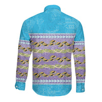 Hawaii Humuhumu Fish Maile Pikake Lei Long Sleeve Button Shirt Tribal Tapa Blue Version