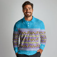 Hawaii Humuhumu Fish Maile Pikake Lei Long Sleeve Polo Shirt Tribal Tapa Blue Version