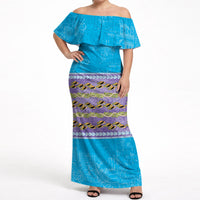 Hawaii Humuhumu Fish Maile Pikake Lei Off Shoulder Maxi Dress Tribal Tapa Blue Version