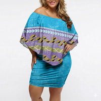 Hawaii Humuhumu Fish Maile Pikake Lei Off Shoulder Short Dress Tribal Tapa Blue Version