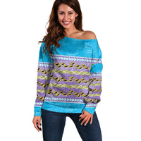Hawaii Humuhumu Fish Maile Pikake Lei Off Shoulder Sweater Tribal Tapa Blue Version