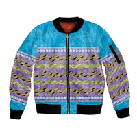 Hawaii Humuhumu Fish Maile Pikake Lei Sleeve Zip Bomber Jacket Tribal Tapa Blue Version