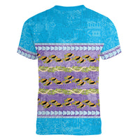 Hawaii Humuhumu Fish Maile Pikake Lei Women V-Neck T-Shirt Tribal Tapa Blue Version