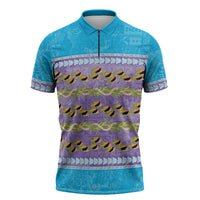 Hawaii Humuhumu Fish Maile Pikake Lei Zipper Polo Shirt Tribal Tapa Blue Version