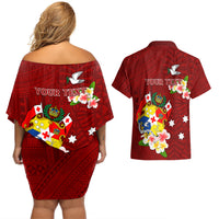 Personalized Tonga Couples Matching Off Shoulder Short Dress and Hawaiian Shirt Coat Of Arms Plumeria With Ngatu Pattern LT05 - Polynesian Pride