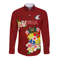 Personalized Tonga Long Sleeve Button Shirt Coat Of Arms Plumeria With Ngatu Pattern LT05 Unisex Red - Polynesian Pride
