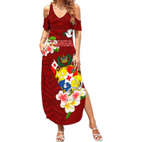 Personalized Tonga Summer Maxi Dress Coat Of Arms Plumeria With Ngatu Pattern LT05 Women Red - Polynesian Pride