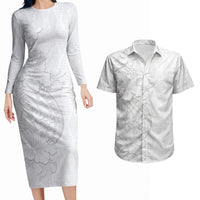 Tokelau White Sunday Couples Matching Long Sleeve Bodycon Dress and Hawaiian Shirt Elegant Hibiscus Polynesian Tribal Pattern